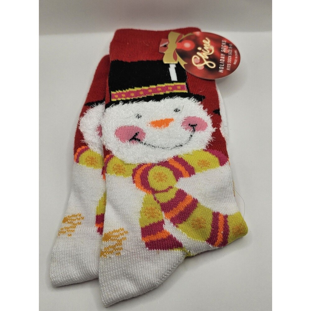 NEW WOMENS 1 PAIR KOHLS SHINE CREW SOCKS FUZZY FACE SNOWMAN RED WHITE HOLIDAY